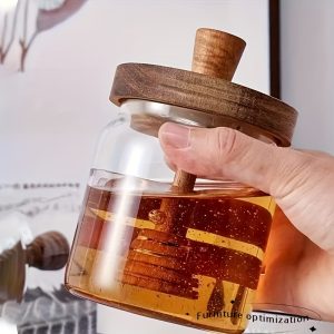1pc glass honey jar with a wide-mouth design, easy-to-clean dispenser for honey and syrup storage, ideal for home kitchens