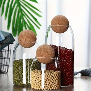 3pcs Glass Storage Jars with Spherical Cork Stopper, Reusable Round Containers with Latch Closure, Multipurpose for Storing Tea, Flowers, Nuts, Candies, 17 Ozu002F500ml - Kitchen Organizing Must-have