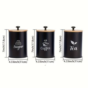 Set Of 3pcs Food Sealed Storage Metal Cans with Sealed Ring Handles And Bamboo Lids, Suitable for Storing Coffee Beans, Tea Leaves, Sugar, Grains, Reusable, And Kitchen Countertop Organization