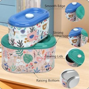 2 Pack Decorative Metal Storage Tins with Lids | Floral and Bird Pattern, Small 8.8x4.9x4.7 inch and Large 9.8x5.9x5.7 inch, Iron Material