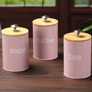 Small Canister Sets for Kitchen Counter, 25oz Coffee Sugar Tea Canister Set, Metal Vintage Kitchen Container 3 Pack, Food Storage Containers with Bamboo Lid, Farmhouse Decor