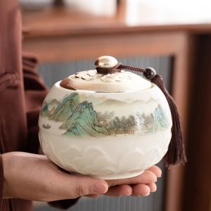 Green Water and Green Mountain Relief for Lotus Pattern Ceramic Round Jar Home Tabletop Decorative Container - Non-Food Contact