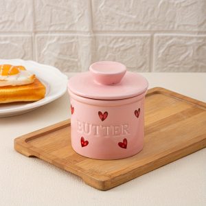 1pc 140mlu002F4.7oz Ceramic French Butter Crock with Lid, Cute Pink Heart Ceramic French Butter Dish Keeper to Leave On Counter, Keeps the Butter Fresh Soft & Spreadable